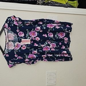 Andree By Unit 2X Navy Blue Floral Sleeveless Blouse NWT